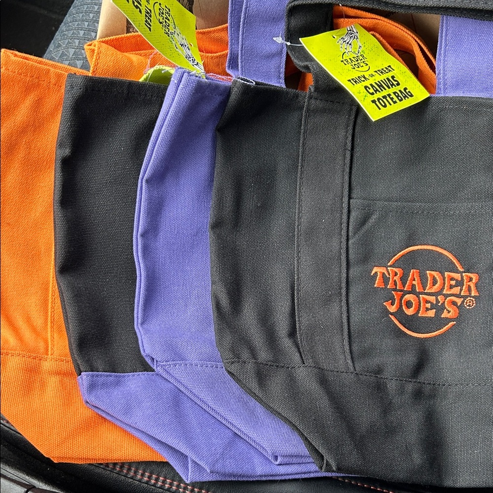 4 Trader Joe's Canvas Tote Bag Set - Black, Purple, Orange Halloween colors
